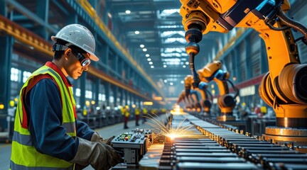 Naklejka premium Industrial Harmony: Factory Workers in Action .