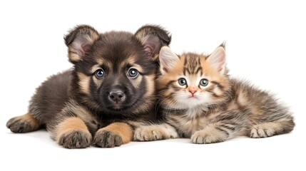 Obraz premium Adorable puppy and kitten cuddling together on white background.