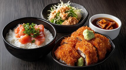 Fototapeta premium Savoring delicious sushi and salad japanese cuisine restaurant setting indoor dining culinary experience