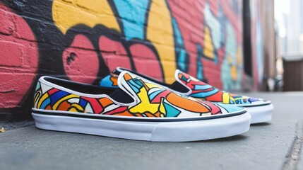 Canvas slip-on shoes with bold, colorful graphic prints, urban backdrop