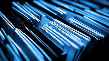 Close-up View of Organized Document Folders in a Blue Lighting Environment, Showcasing the Textured Surface and Depth of the Office Files for Modern Business Settings