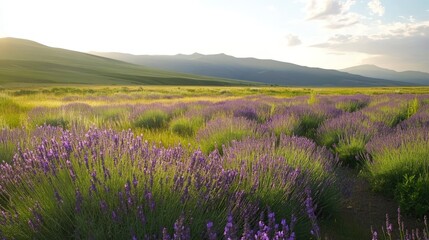 Sunset over Lavender Fields in the Mountains