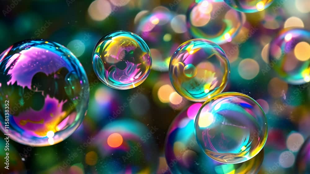 Aufkleber colorful soap bubbles with reflections and bokeh effect, dreamy abstract background. creativity and 