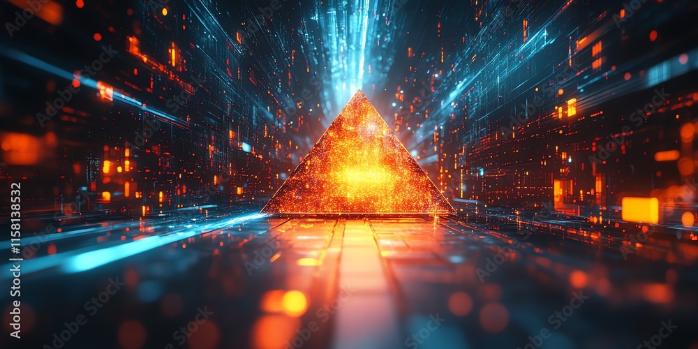 Poster a glowing pyramid amidst a digital landscape of vibrant lights and data streams.