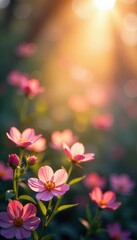 Soft, diffused light illuminates gently blurred floral bokeh , illustration, summer