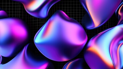 Abstract fluid shapes with vibrant neon purple and pink gradients on a dark grid background futuristic design for modern creative applications