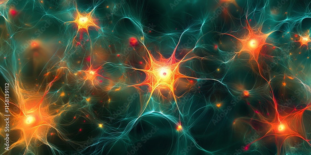 Poster Abstract representation of interconnected neurons with glowing effects.