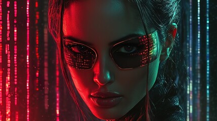 Close-up portrait of a woman with futuristic cybernetic eye patch, red and blue lighting.