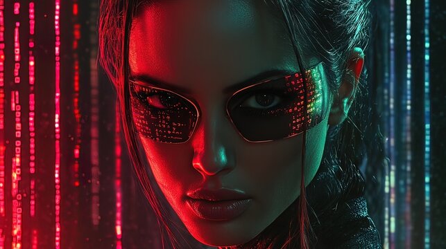 Close-up portrait of a woman with futuristic cybernetic eye patch, red and blue lighting.