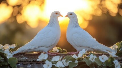Two white doves facing each other at sunset, perched on a branch with white flowers.