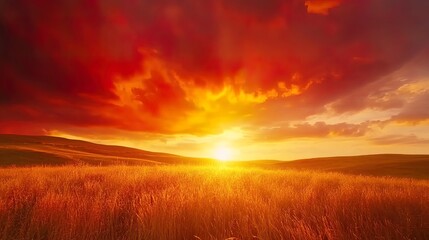 Obraz premium Fiery sunset over rolling hills and golden wheat field.