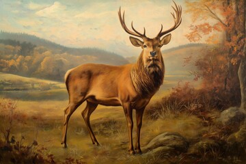 Fototapeta premium Majestic Red Deer Stag in Autumn Landscape
