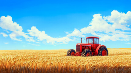 Obraz premium classic tractor in a golden wheat field under a clear blue sky