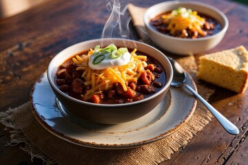 Hot Bowl of Chili Topped With Cheese and Coriander Served With Cornbread