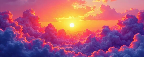 Fototapeta premium Abstract watercolor sunset; orange, purple, clouds, sky, texture, art, design, background, vibrant, dreamy, gradient, cloudscape, illustration, atmospheric