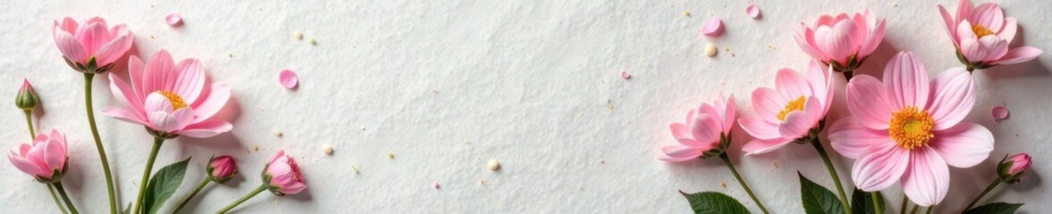 Fototapeta premium Delicate pastel blooms arranged on textured paper backdrop, invitation, romantic, aesthetic