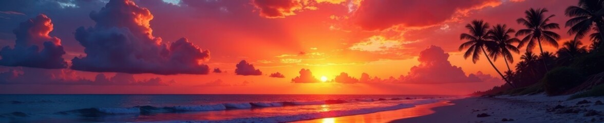 Fototapeta premium Fiery sunset paints sky, palm trees silhouette beach, vibrant, coast