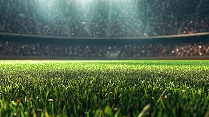 Lush green grass field in a stadium with blurred crowd in background.