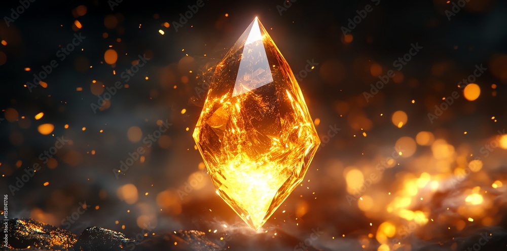 Poster a glowing amber crystal surrounded by shimmering particles in a dark environment.