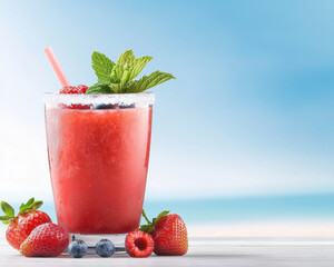 Fresh fruit drinks and juices summer concept. Refreshing strawberry juice in frosty glass with mint...