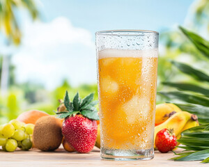 Fresh fruit drinks and juices summer concept. Refreshing fruit juice glass with condensation,...