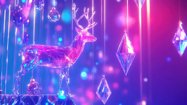 A glassy deer and triangular ice-like tree sculpture, illuminated by vibrant magenta and cyan lights, with hanging abstract ornaments in neon shapes