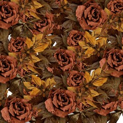 autumn-themed seamless pattern featuring scattered acorns and stylized leaves in various shades of brown, yellow, and green against a warm, sandy background