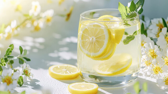 Fresh fruit drinks and juices summer concept. Refreshing lemonade with lemon slices and mint leaves in glass