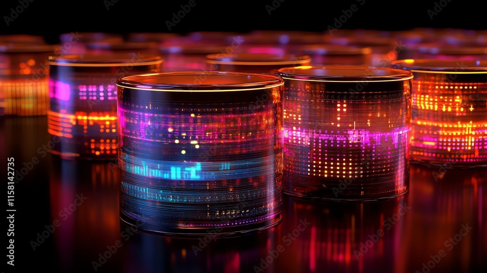Poster A visual representation of vibrant, illuminated cylindrical objects with digital patterns.