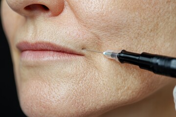 Obraz premium Close-up of a woman's mouth receiving a filler injection. Illustrates cosmetic procedures and anti-aging treatments.
