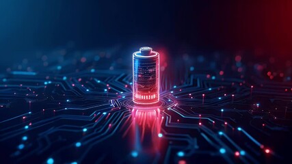 A glowing battery surrounded by circuit patterns, symbolizing energy and technology.