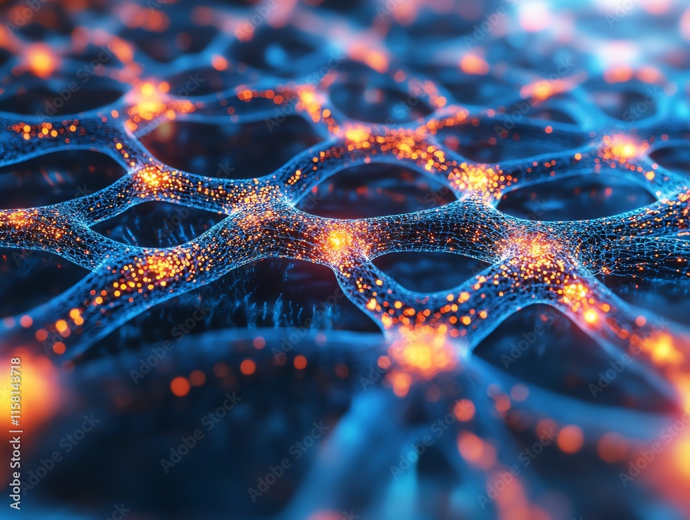 Poster Abstract representation of interconnected neural networks with glowing nodes.