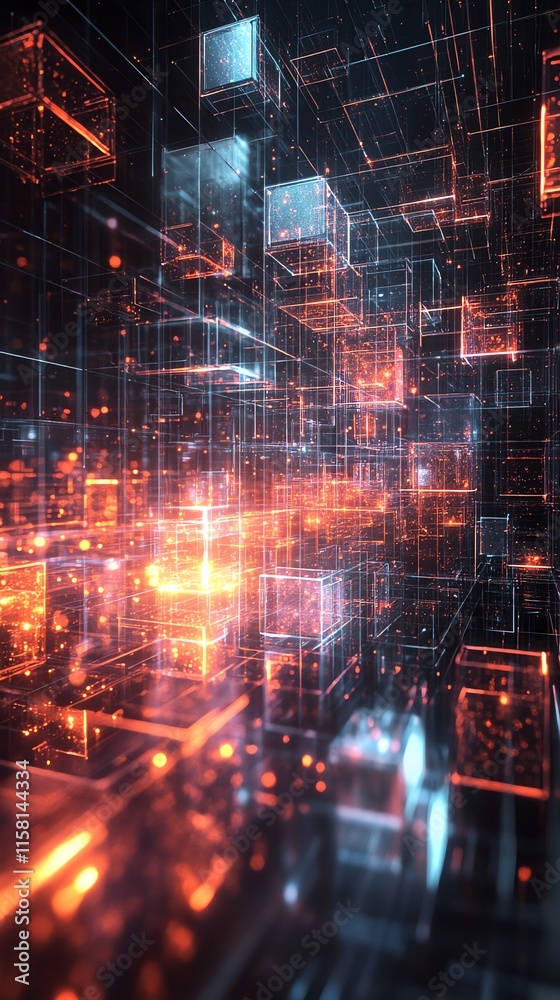 Poster Abstract digital landscape of glowing cubes and interconnected lines in a futuristic setting.