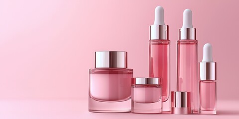 A collection of elegant skincare products in pink glass containers, arranged stylishly against a soft pink backdrop.
