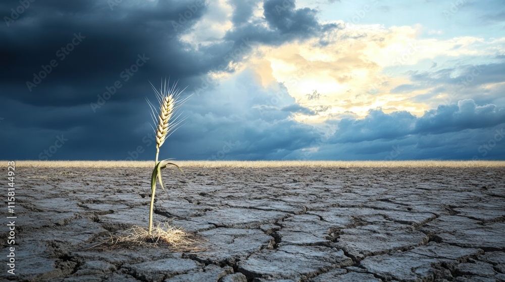 Poster barren field with a single stalk of withered wheat under cloudy sky at dusk. generative ai
