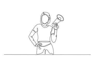 Woman holding megaphone to speak up continuous one line drawing. Person holds megaphone speaker in single line art illustration. Editable vector.