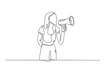 Woman holding megaphone to speak up continuous one line drawing. Person holds megaphone speaker in single line art illustration. Editable vector.