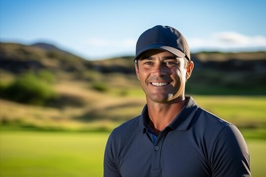 Portrait of a smiling golfer standing on a golf course and looking at the camera - Powered by Adobe