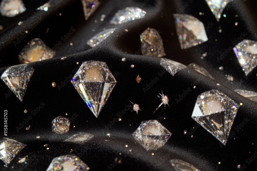 Poster Sparkling diamonds scattered over luxurious black fabric with ample space for creative text placement. Generative AI