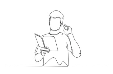 Man reading a book continuous one line drawing. Person study by reading book in single line art illustration. Editable vector.