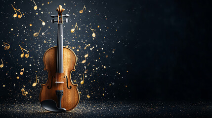 Fototapeta premium Violin Melody: A vintage violin stands majestically against a dark backdrop, surrounded by golden musical notes that dance in the air, evoking a sense of elegance, passion, and the magic of music.