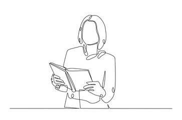 Woman reading a book continuous one line drawing. Teacher reading book in single line art illustration. Editable vector.