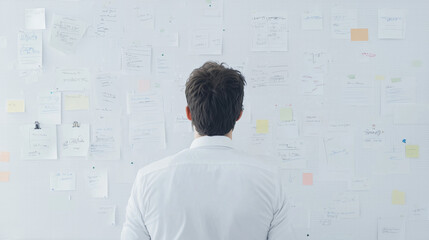 Strategizing for Success: A businessman ponders the intricate details of a complex project, his back turned towards the camera.