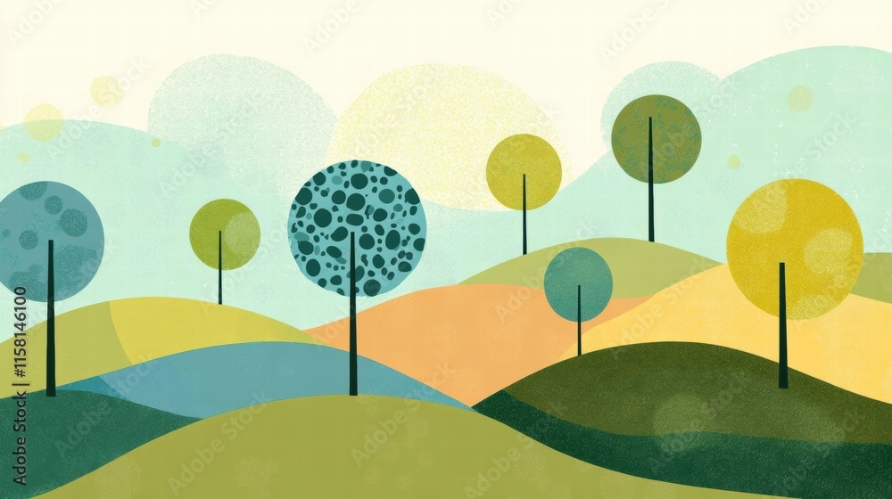 Poster Vibrant naive art style landscape background featuring colorful trees on rolling hills with space for text placement. Generative AI