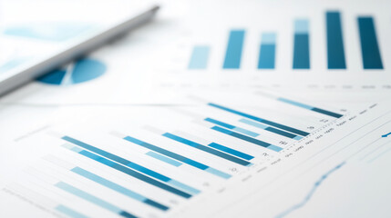 Data Driven Success: A close-up shot of a pen resting on a stack of financial reports, showcasing bar charts and graphs that signify growth and progress.  