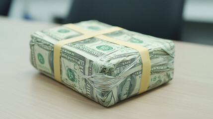 Cash Gift Box: A wrapped package of cash, secured with rubber bands, sits atop a wooden desk, hinting at a generous gift or a symbolic representation of financial success.  