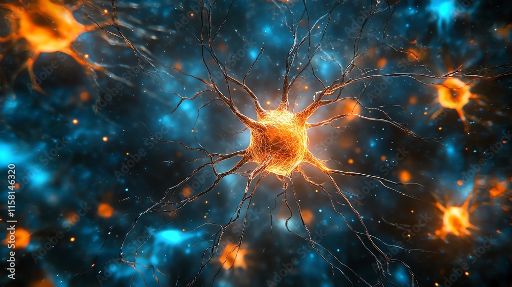 Poster a vibrant illustration of a neuron, depicting its structure and connections in a digital style.