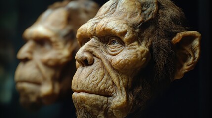 Naklejka premium Close-up of a detailed, realistic ape sculpture. Perfect for illustrating evolution, anthropology, or science fiction themes.