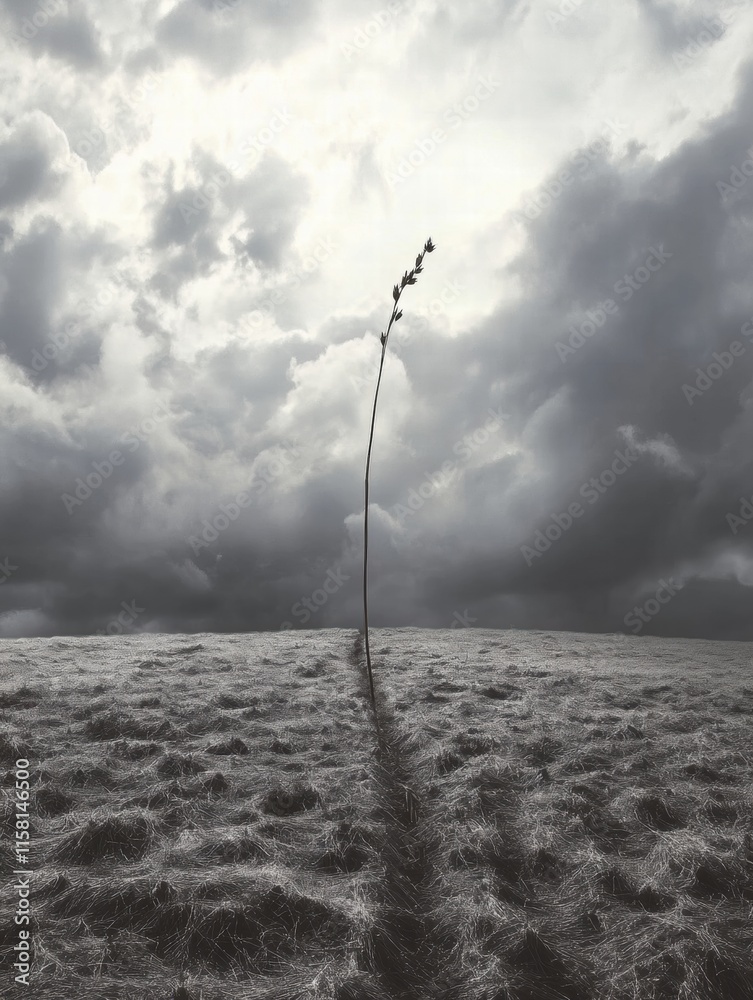 Aufkleber solitary stalk of withered wheat stands tall in a dry barren field under a dramatic cloudy sky. gene