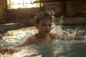 Boy swimming in pool, splashing water. Perfect for articles about summer fun, kids, and water activities.